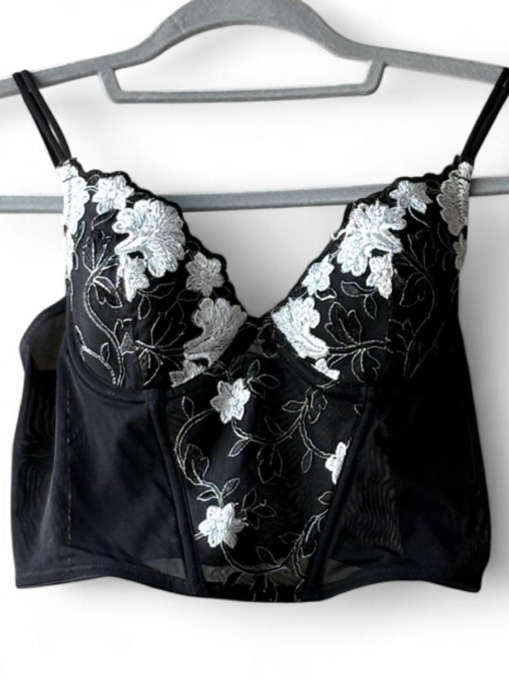 Delicates Black Mesh White Floral Embroidery Corset Bustier Top Size 34A
